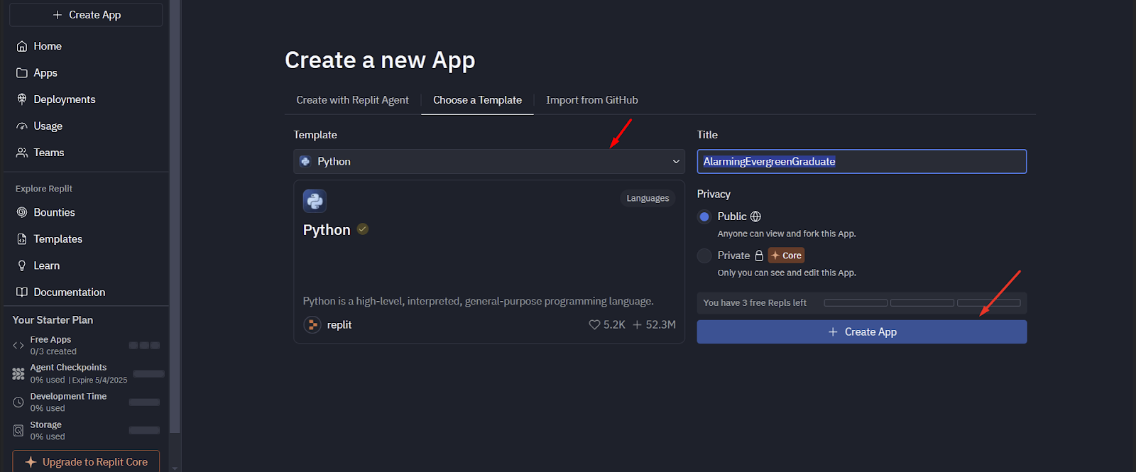 New Python App Creation with Replit