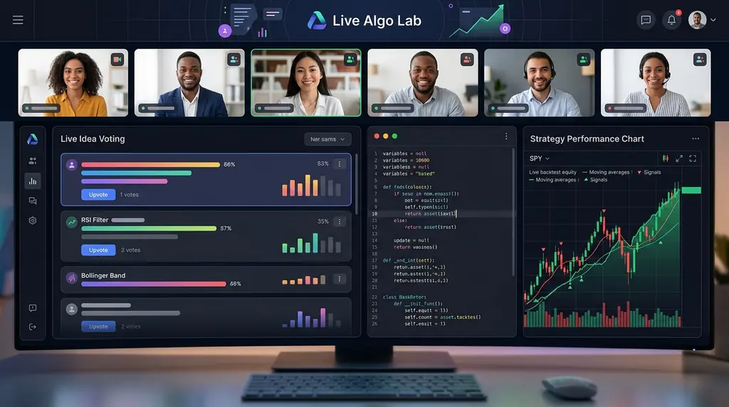 Live Algo Lab session with voting, code, and trading chart